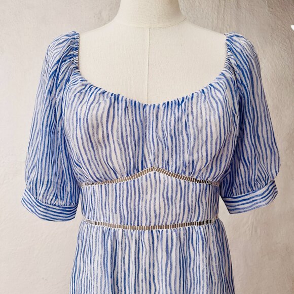 Moon River White & Blue Stripe Puff Sleeve Cottagecore Homemaker Midi Dress Sz M - Picture 2 of 16